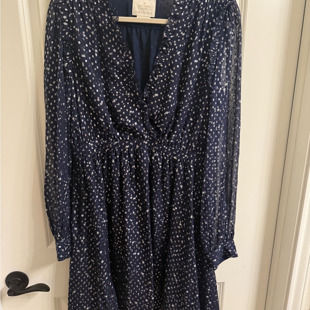 Kate Spade Blue A-Line Wrap Dress with Bishop Sleeves